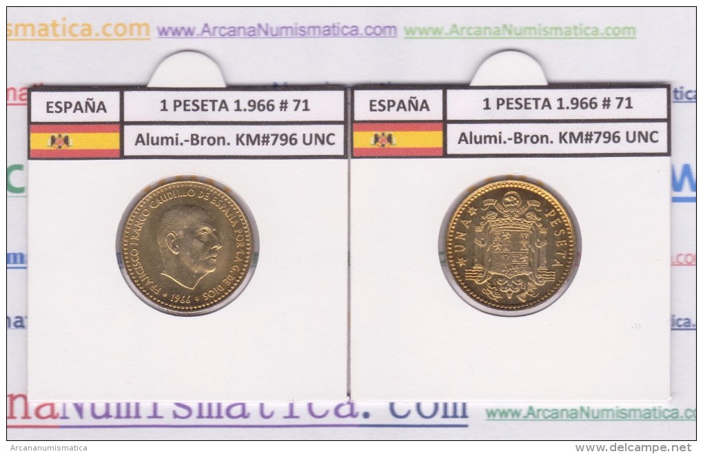 SPANIEN / FRANCO   1  PESETA   1.966 #71  Aluminio-Bronce  KM#796  SC/UNC     T-DL-9267 - 1 Peseta