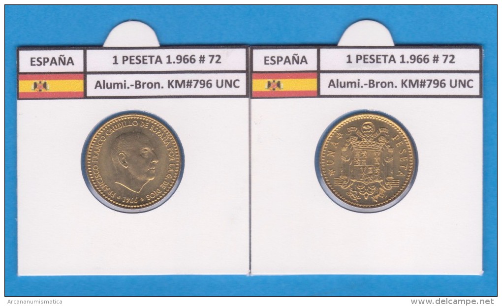 ESPAGNE / FRANCO   1  PESETA   1.966 #72  Aluminio-Bronce  KM#796     SC/UNC     T-DL-9272 - 1 Peseta