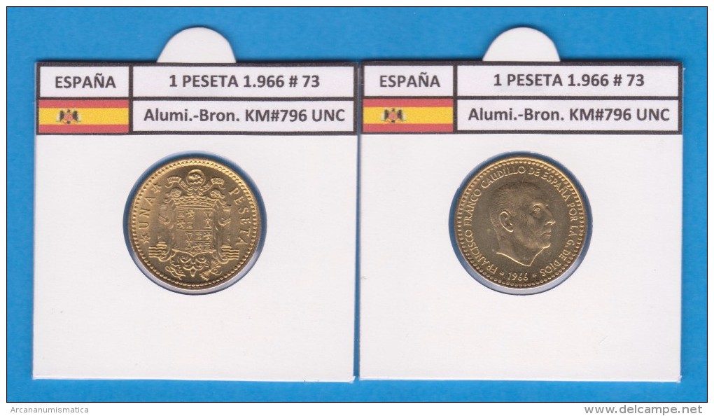 ESPAGNE / FRANCO   1  PESETA   1.966 #73  Aluminio-Bronce  KM#796     SC/UNC     T-DL-9274 - 1 Peseta