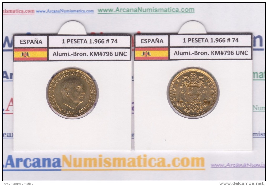 SPAIN / FRANCO   1  PESETA   1.966 #74  Aluminio-Bronce  KM#796     SC/UNC     T-DL-9278 - 1 Peseta