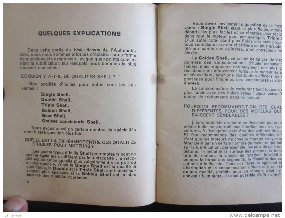 LE VADE MECUM DE L'AUTOMOBILISTE-CARNET SHELL-GRAISSAGE-LIRE SOMMAIRE-VOITURE-ENTRETIEN-EXPLICATIONS-NOTES-COUT-DEPENSES