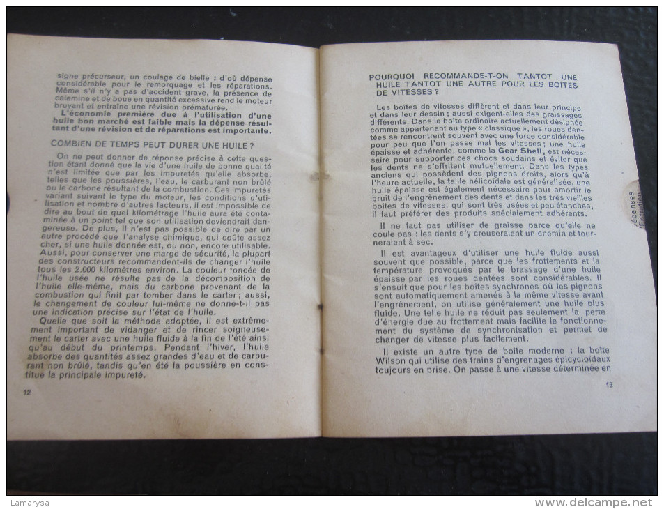 LE VADE MECUM DE L'AUTOMOBILISTE-CARNET SHELL-GRAISSAGE-LIRE SOMMAIRE-VOITURE-ENTRETIEN-EXPLICATIONS-NOTES-COUT-DEPENSES