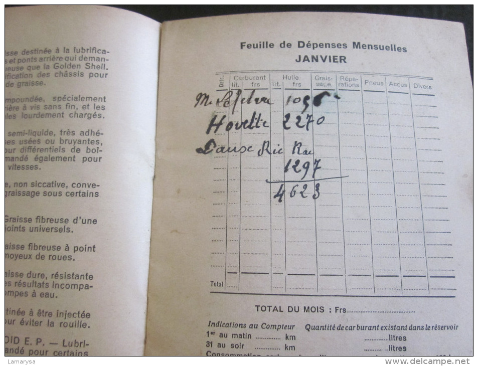 LE VADE MECUM DE L'AUTOMOBILISTE-CARNET SHELL-GRAISSAGE-LIRE SOMMAIRE-VOITURE-ENTRETIEN-EXPLICATIONS-NOTES-COUT-DEPENSES