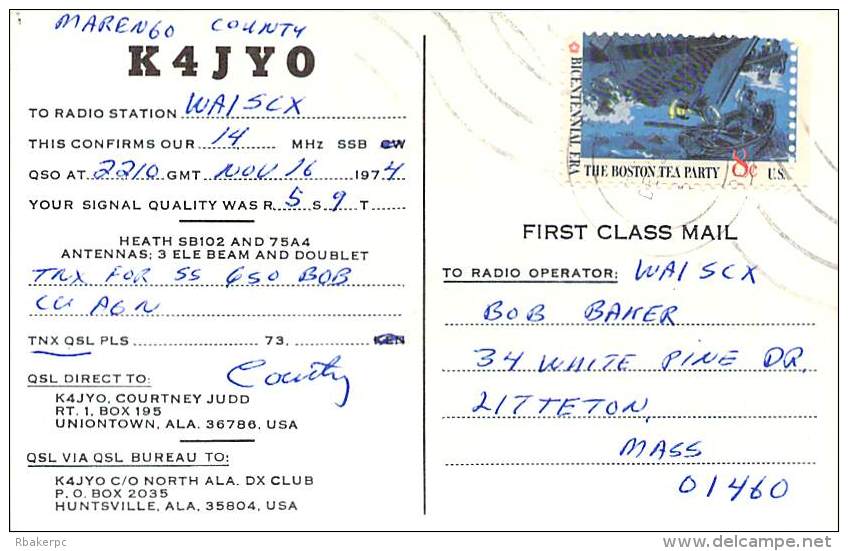 Amateur Radio QSL - K4JYO - Uniontown, AL -USA- 1974 - 2 Scans - Radio-amateur