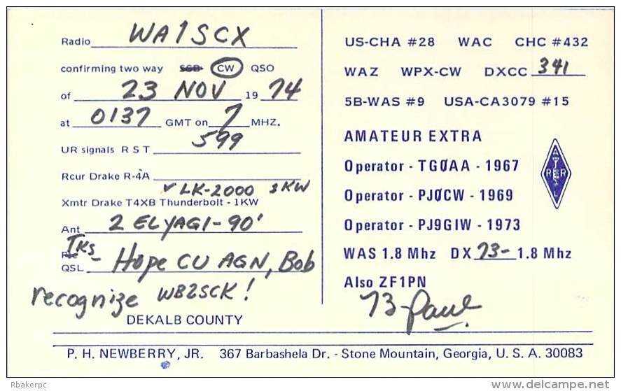 Amateur Radio QSL - W4YWX - Stone Mountain, GA -USA- 1974 - 2 Scans - Radio Amateur