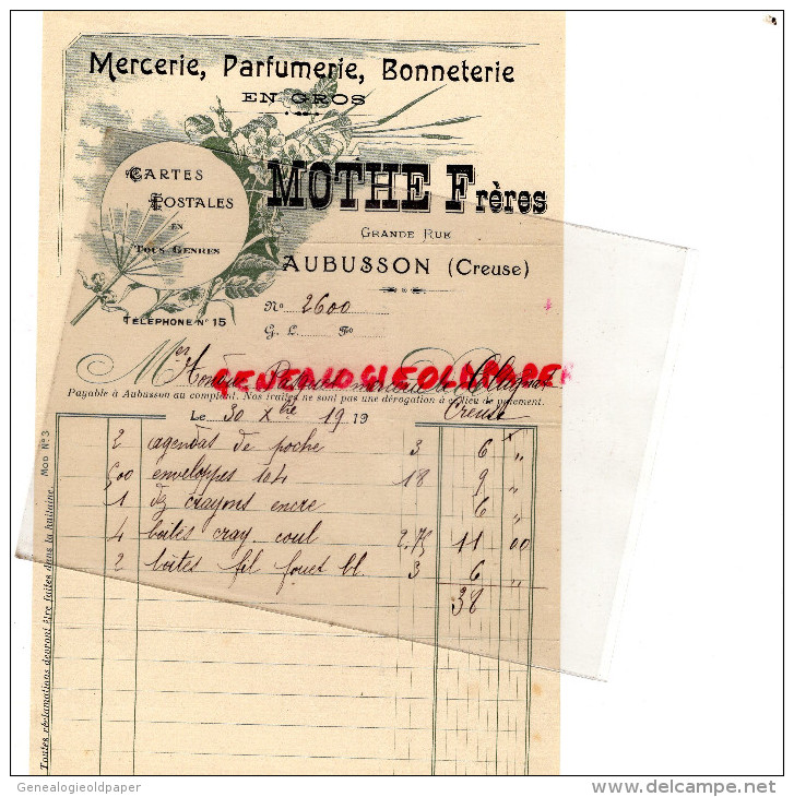 23 - AUBUSSON - FACTURE MOTHE FRERES- MARCHAND CARTES POSTALES-MERCERIE -PARFUMERIE-GRANDE RUE-1919 - Imprenta & Papelería