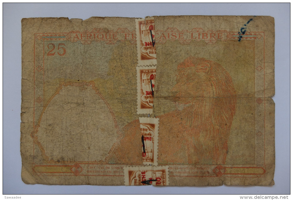 BILLET - COLONIE - AFRIQUE FRANCAISE LIBRE - P.7a - 1941 - 25 FRANCS - HOMME AVEC CHEVAL - LION - DRAPEAU - Other & Unclassified