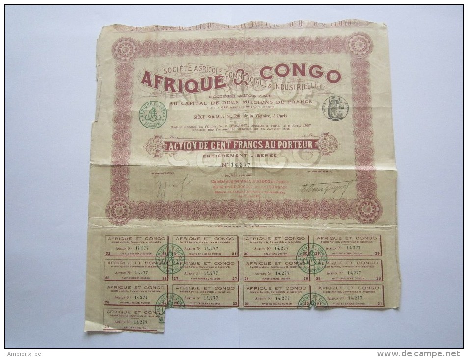 Société Agricole Commerciale Et Industrielle Afrique Et Congo - Paris - Capital 2 000 000 - Action De 100 Francs - Afrique