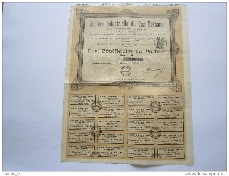 Société Industrielle Du Gaz Méthane (anciens établissements Hella) - Courbevoie - Capital 2 500 000 - Part Bénéficiaire - Electricité & Gaz