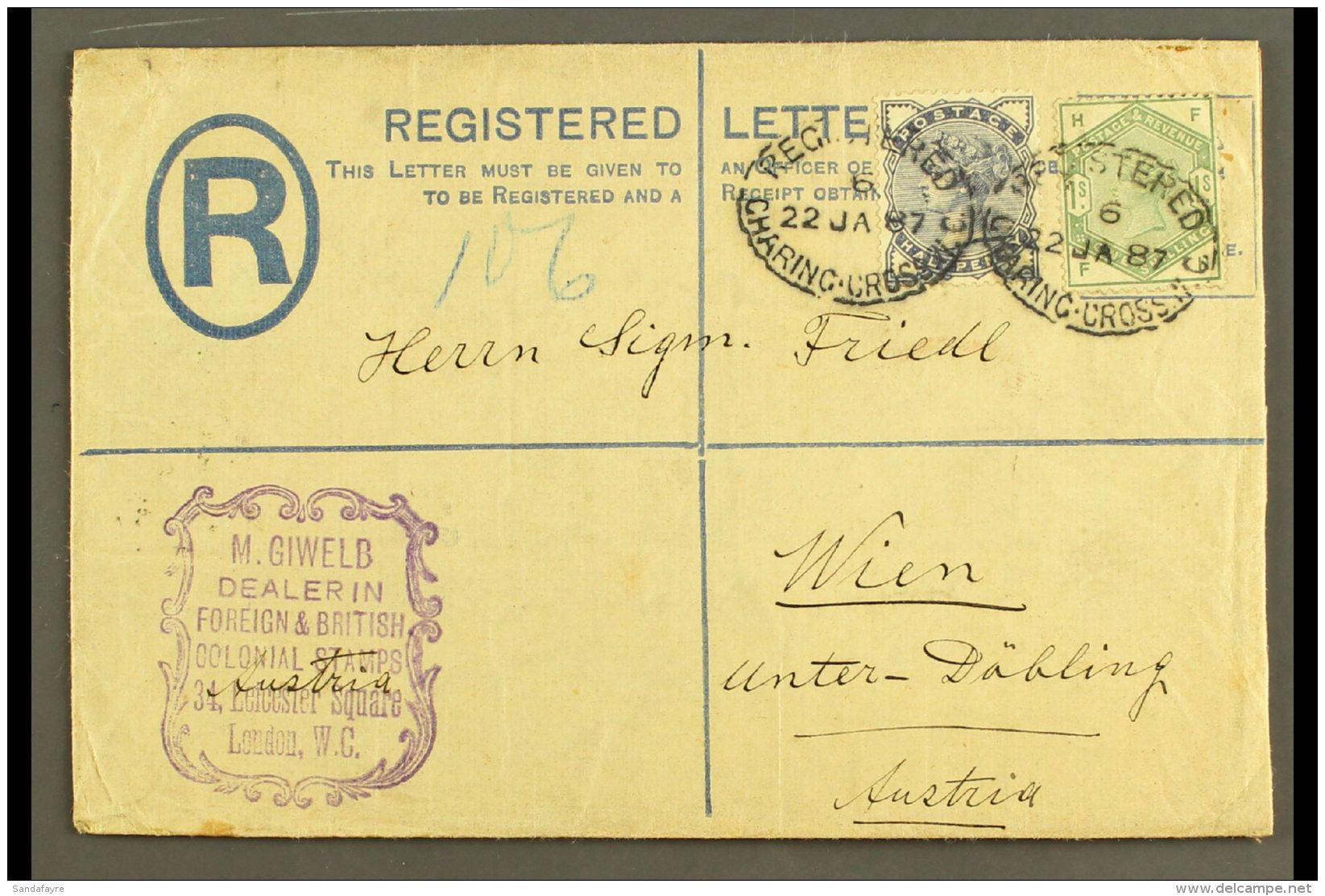 1887 (22 JAN) REGISTERED ENVELOPE TO AUSTRIA A 2d Blue Registered Envelope, Size G, Uprated With 1883-84 1s Dull... - Altri & Non Classificati