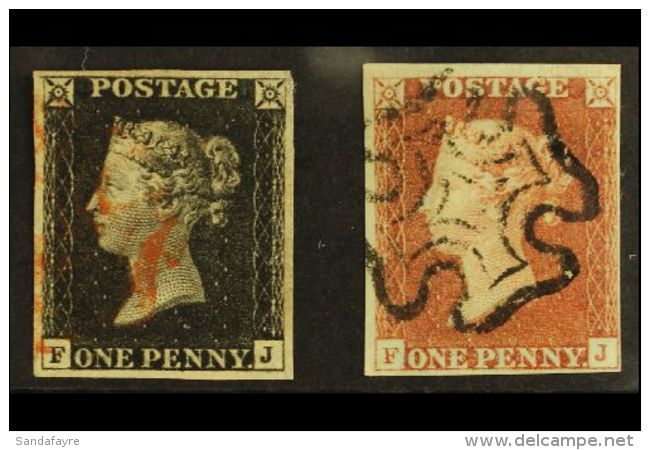 1840 - 1841 MATCHED PAIR 1840 1d Black "FJ" Plate 1b, 1841 1d Red-brown "FJ" Plate 1b, Lovely Matched Pair Of... - Altri & Non Classificati
