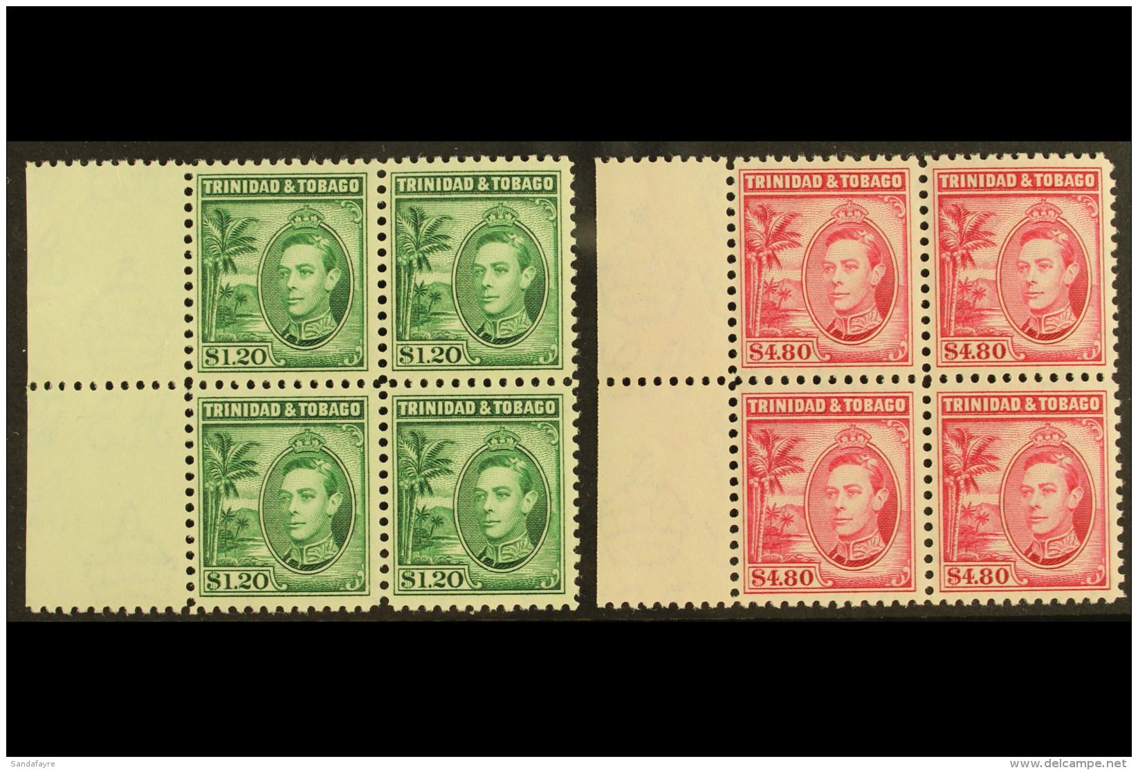 1938-44 $1.20 Blue-green &amp; $4.80 Rose-carmine, SG 255/56, Superb Never Hinged Mint Marginal BLOCKS Of 4, Very... - Trinidad En Tobago (...-1961)