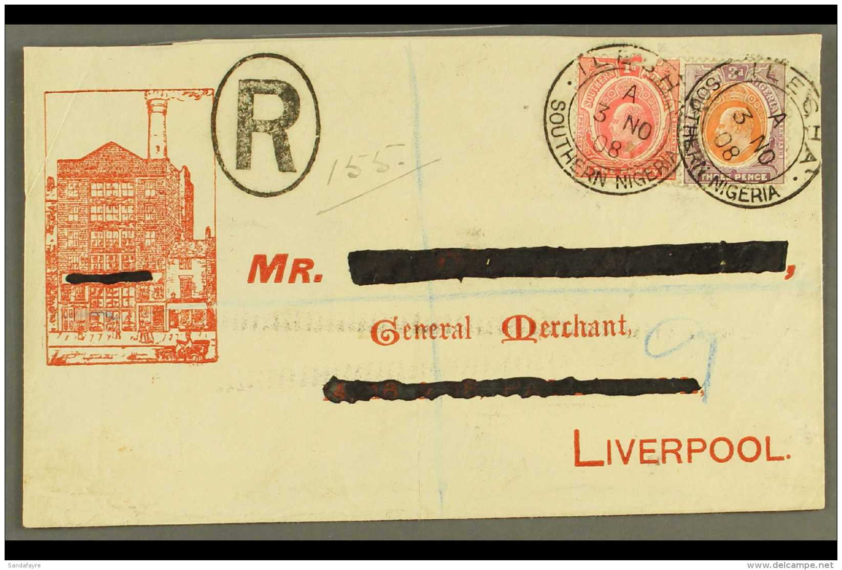 1908 Illustrated Registered Commercial Cover To Liverpool Franked Ed VII 1d And 3d Tied By Crisp Strikes Of ILESHA... - Nigeria (...-1960)