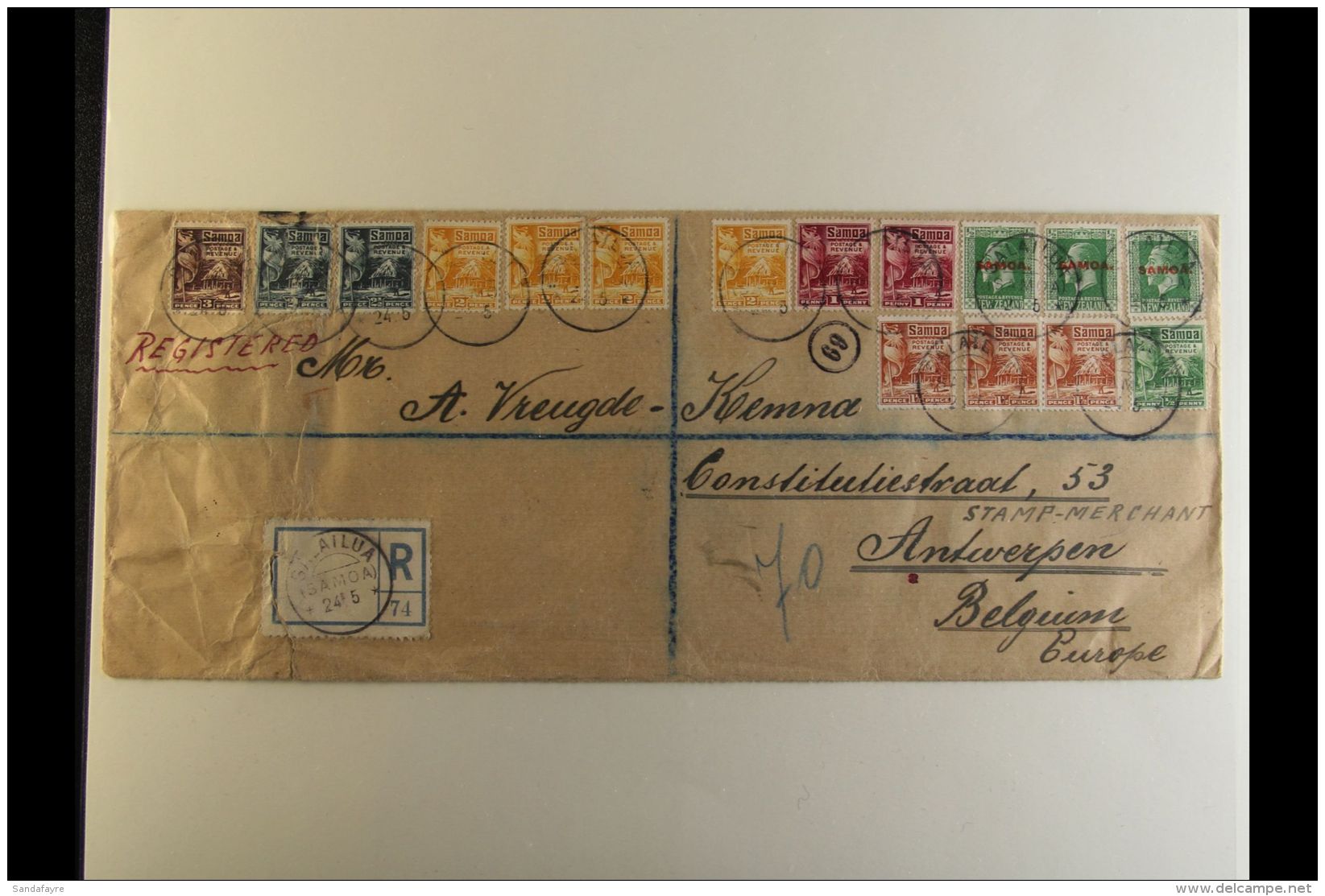 1923 (24 May) Large Envelope To Belgium Bearing A Spectacular 16- Stamp Franking Of 1916 &frac12;d Greens (3)... - Samoa