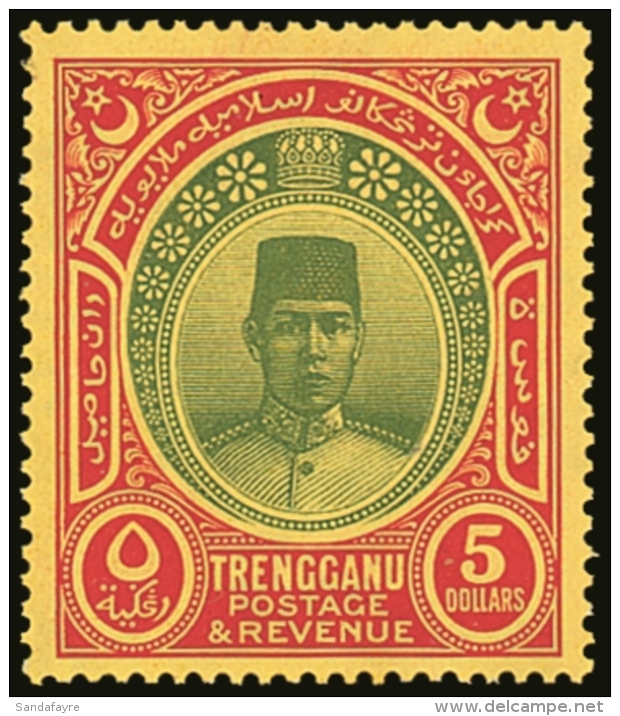 TRENGGANU 1938 $5 Green And Red On Yellow, Wmk Mult Script CA, SG 44, Very Fine Mint. Fresh &amp; Attractive. For... - Andere & Zonder Classificatie