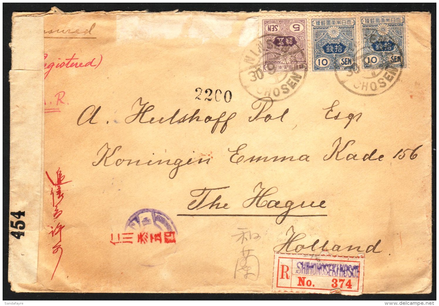 1918  Rare Censored Registered Cover From Korea To Holland,  From Jinsen To The Hague Bearing Japan 5s Violet And... - Corea (...-1945)