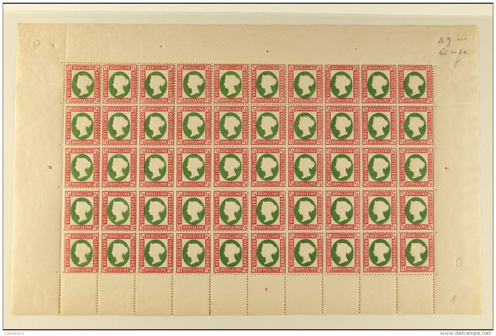 1874 RARE COMPLETE SHEET &frac14;s Deep Rose-red &amp; Yellowish Green From The Unissued December 1874 Printing,... - Heligoland (1867-1890)
