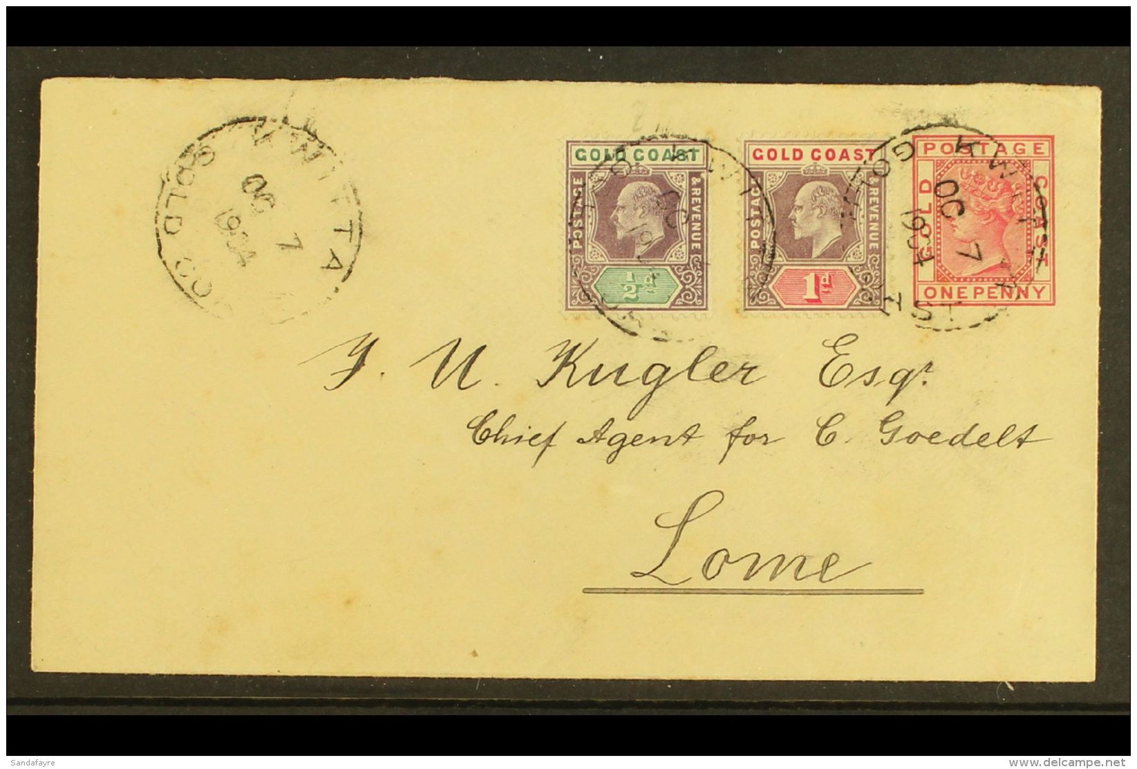 1904 POSTAL STATIONERY ENVELOPE TO TOGO (Oct 7th) Uprated (1899) 1d Postal Stationery Envelope, H/G B1, Bearing... - Goudkust (...-1957)