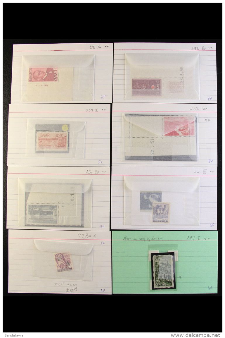 1947-1957 VARIETIES &amp; PLATE FLAWS. An Interesting All Different NEVER HINGED MINT Collection In Display Cards,... - Altri & Non Classificati