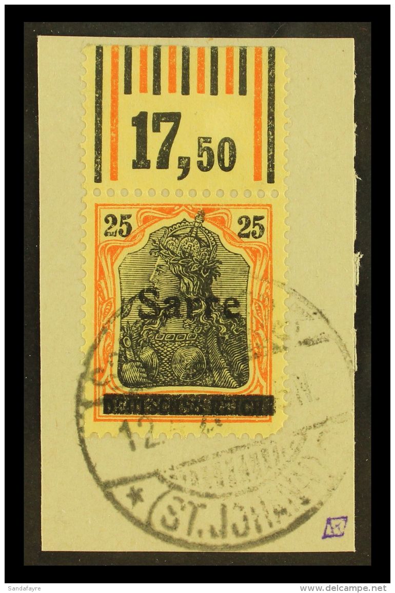 1920 25pf Black &amp; Yellow-orange (gelborange) On Yellow "Sarre" Overprint Type I Upper Marginal Example, Michel... - Andere & Zonder Classificatie