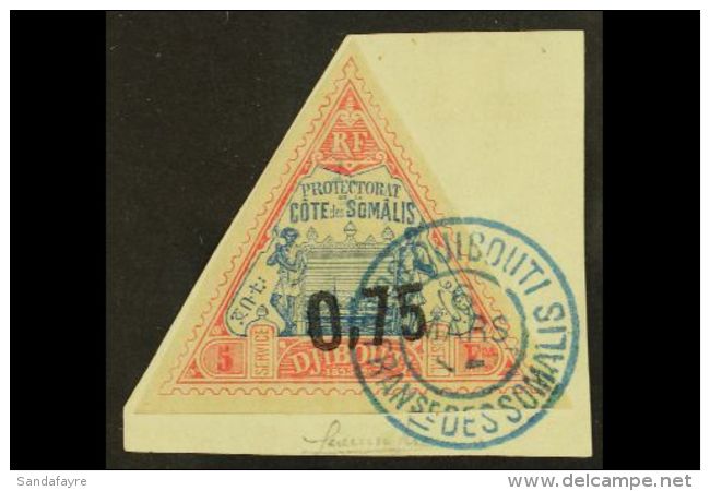 DJIBOUTI 1902 0.75 On 5f Blue And Rose, SG 111 (Yvert 26), Very Fine Used With Full Margins, Tied To Small Piece.... - Andere & Zonder Classificatie