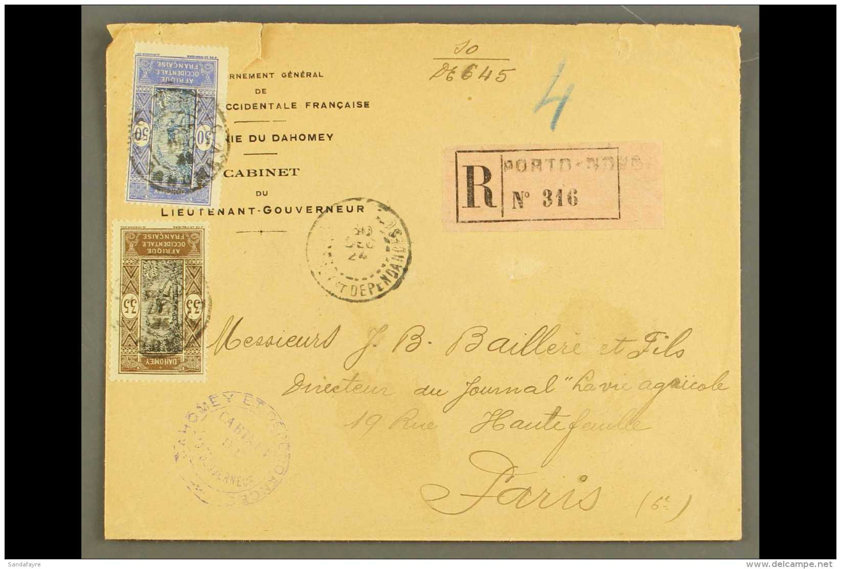 DAHOMEY 1924 (Dec) Printed Reg Cover From The Governor Of Dahomey's Office To Paris, Bearing 35c And 50c Values... - Altri & Non Classificati