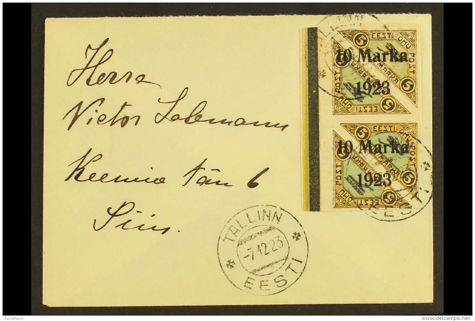 1923 (7 Dec) Philatelically Produced Cover Bearing 10m On 5m+5m Air Surcharge Marginal Imperf Pair (Michel 43 B,... - Estonia