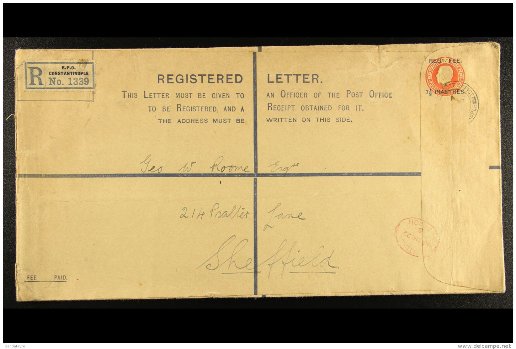 1922 (March 10th) Large Printed Registered Cover To England, Uprated (stamp Missing), Constantinople Reg Tab &amp;... - Brits-Levant