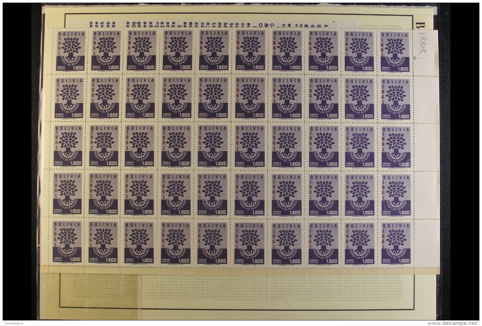 1960 COMPLETE SHEET WITH VARIETIES. Unissued 1800b Violet Air Refugees With "1961" Overprint (see Notes After... - Bolivia