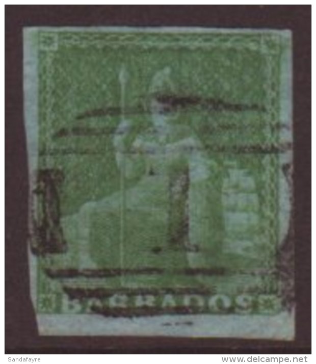 1852 &frac12;d Yellow Green Britannia On Blued Paper, SG 1, No Watermark, Imperf With Four Margins, Tiny Thin,... - Barbados (...-1966)