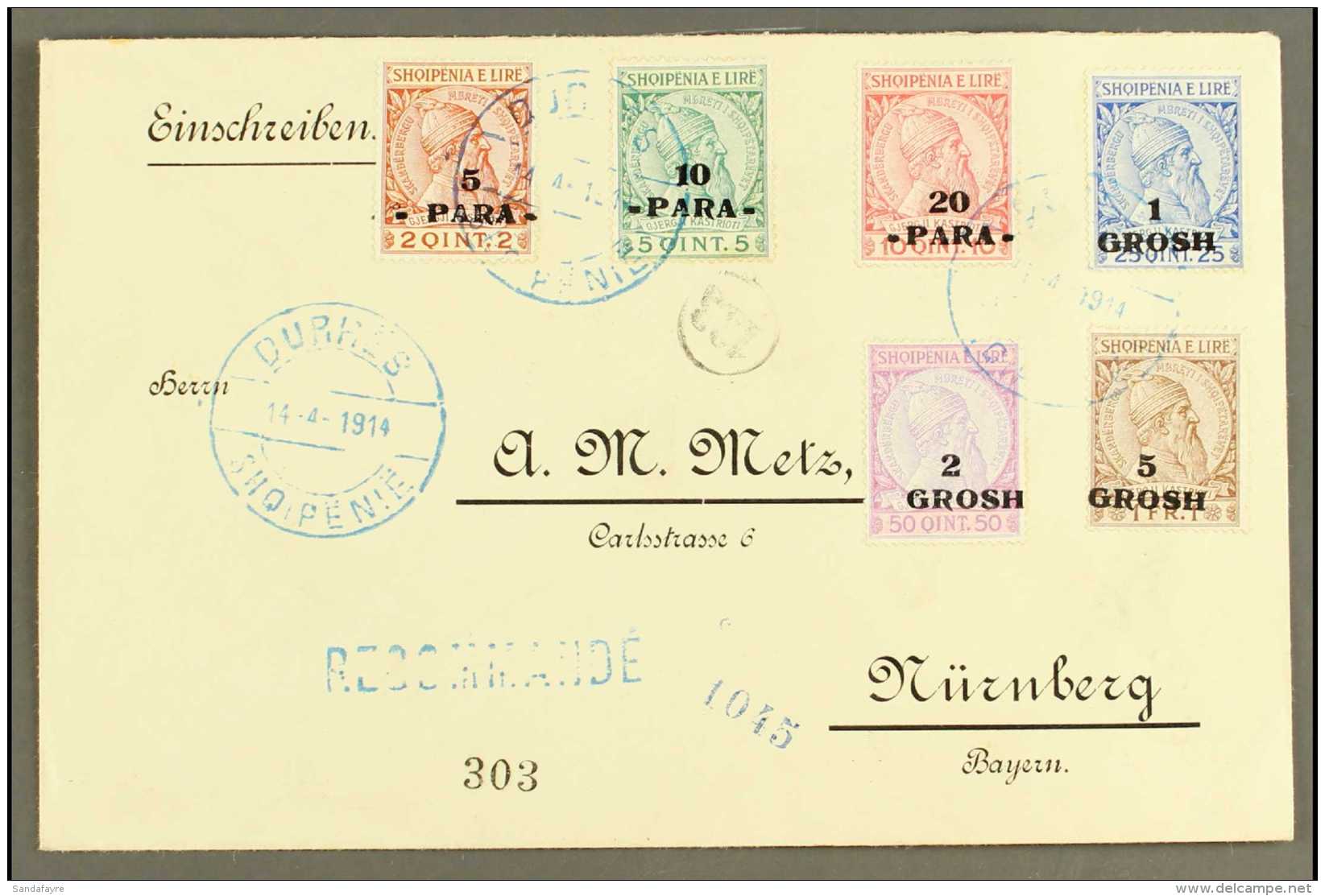 1914 (14 Apr) Registered Cover To Germany Bearing 1914 Surcharges Complete Set (Michel 41/46, SG 40/45) Tied By... - Albanië
