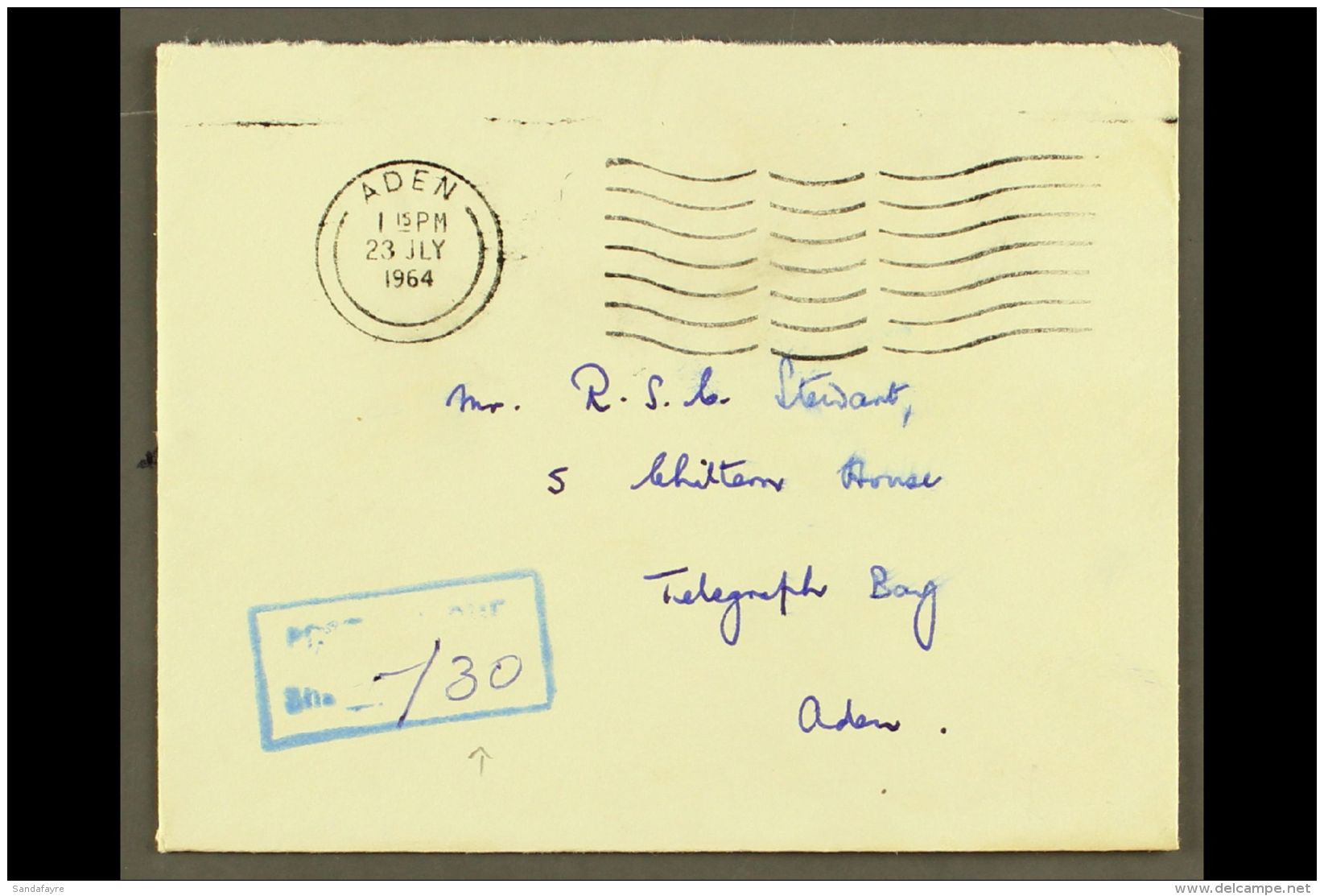1964 (23 July) Stampless Local Cover With Machine Cancel, Blue Boxed "POSTAGE DUE" Cachet Alongside. For More... - Aden (1854-1963)