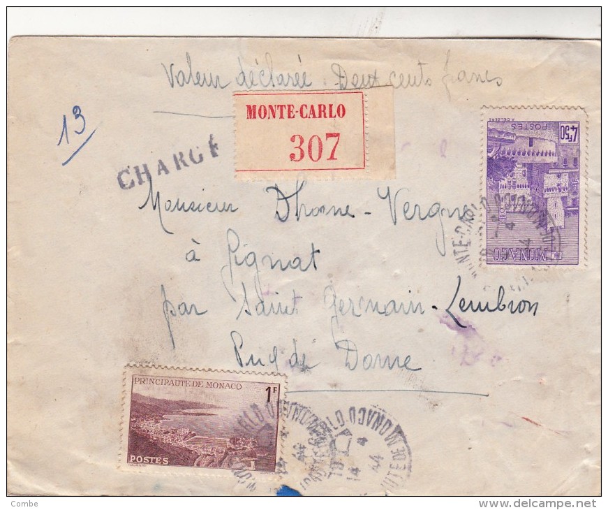 MONACO 1944 LETTRE CHARGÉ DEUX CENTS FRANCS  5 TIMBRES / 4953 - Storia Postale