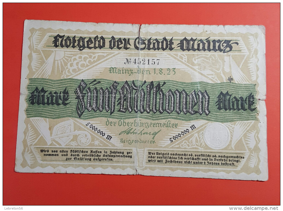 Billet/Allemagne 5 000 000 Mark Reichsbanknote / Mainz-den 1.8.1923 Billet Avec Sceau Voir Photos - 5 Millionen Mark
