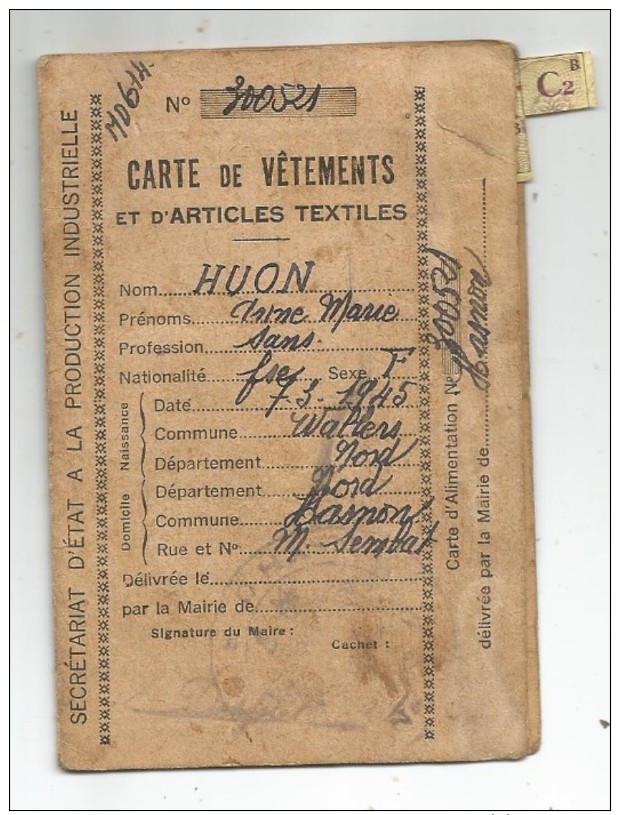 CARTE DE VETEMENTS ET ARTICLES TEXTILES COMPRENANT TICKETS NUMEROTES-DELIVRE PAR LA MAIRIE DE HASNON - Documents