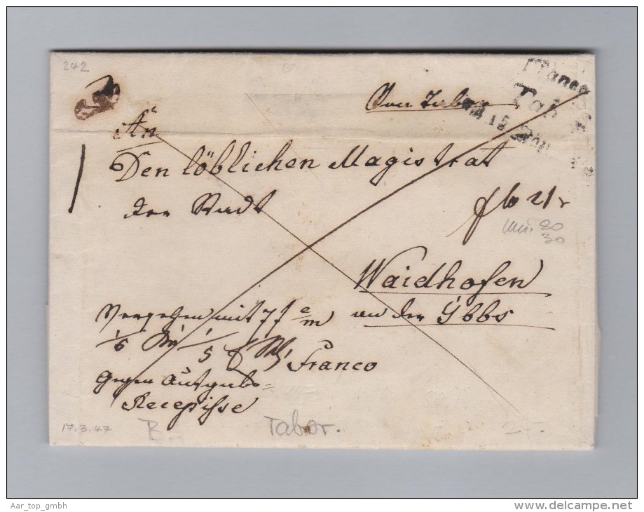 Heimat Tschechien TABOR 15 Mär 2Zeil Langstempel 1847-03-14 Franco Vorphila Brief Nach Waidhoffen - ...-1918 Préphilatélie