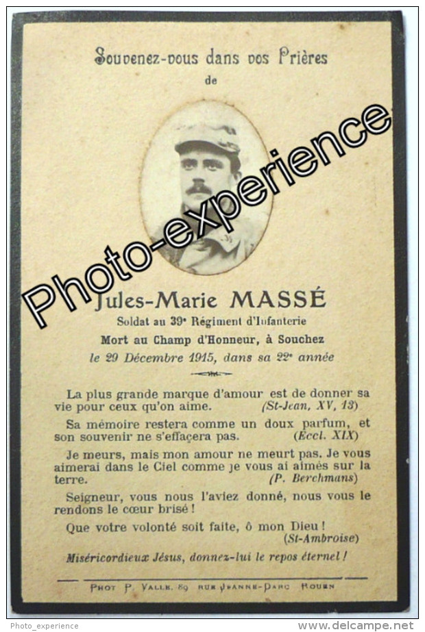Faire Part Décès Photo Guerre 14-18 Militaire Régiment WW1 SOUCHEZ Pas-de-Calais 62 - Obituary Notices