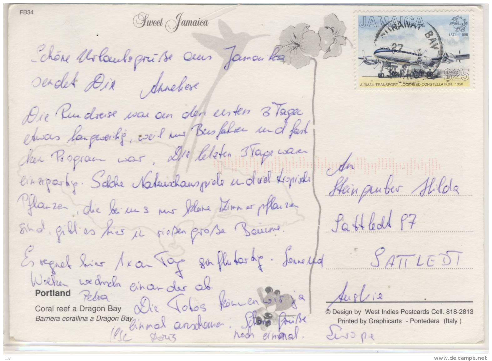 JAMAICA - Coral Reef A Dragon Bay,  Used, Air Mail Stamp Lockheed Constellation , Large Format - Jamaica