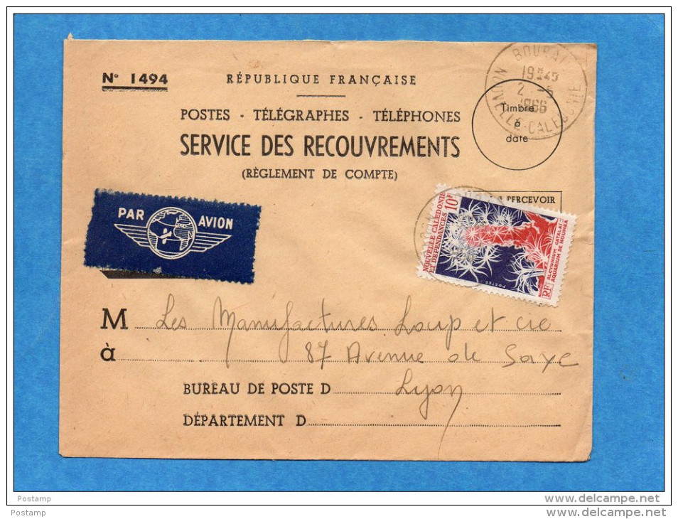 MARCOPHILIE-  Lettre-RECOUVREMENTS-  NLLE CALEDONIE-cad- BOURAI -1966  Stamp N°323 Alcyonium -pour Françe - Briefe U. Dokumente
