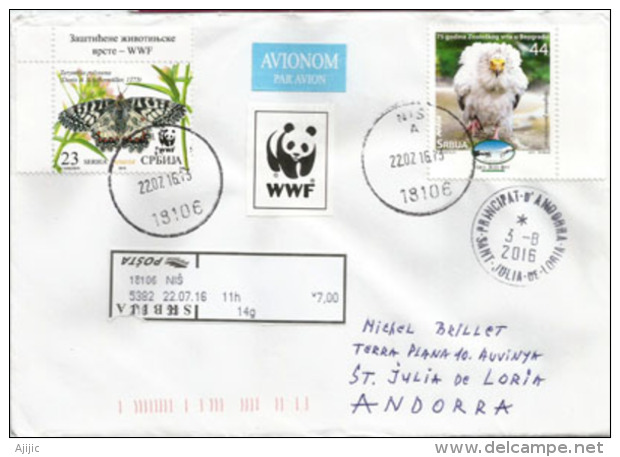 SERBIE. Timbres WWF (Vautour Percnoptère & Papillon Diane) Sur Lettre Adressée ANDORRA, Avec Timbre à Date Arrivée - Briefe U. Dokumente