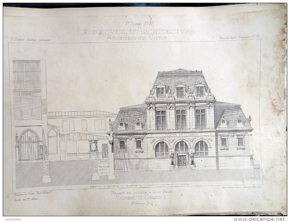 RECUEIL D´ARCHITECTURE (JUSTICE) 1878 -  #3 - PALAIS DE JUSTICE À DIJON, TRIBUNAL DE COMMERCE  Mr VIONNOIS Architecte - Architectuur