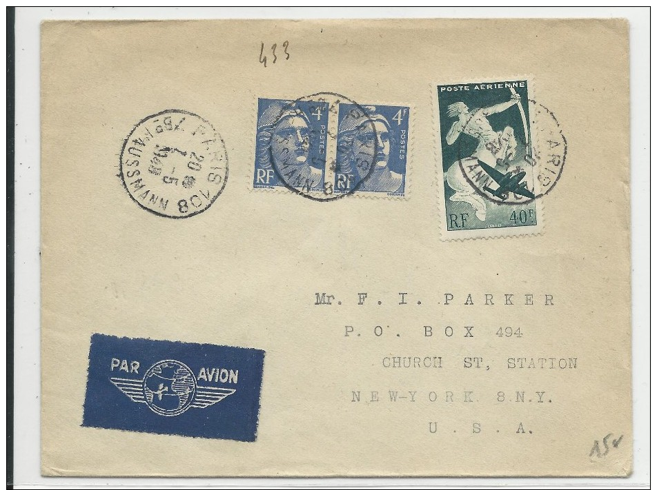 1948 - ENVELOPPE Par AVION De PARIS Pour NEW YORK (USA) - - 1927-1959 Lettres & Documents