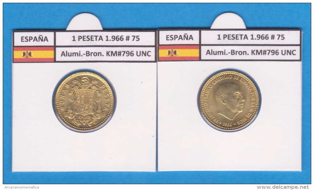 SPANIEN / FRANCO   1  PESETA   1.966 #75  Aluminio-Bronce  KM#796     SC/UNC     T-DL-9281 - 1 Peseta