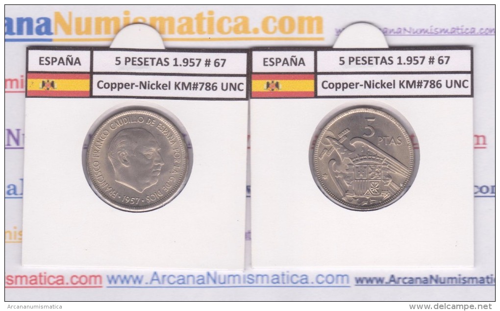 SPAIN  FRANCO ESTADO ESPAÑOL  5  PESETAS 1957 # 67 Km#786  Cu-Ni SC/UNC       T-DL-2015 - 5 Pesetas