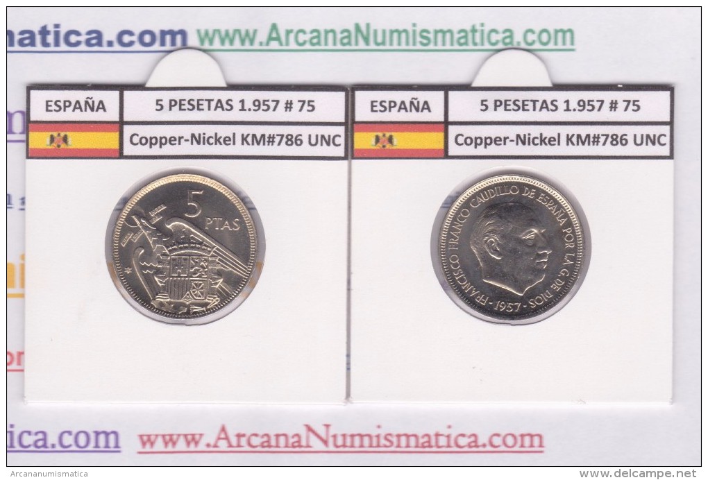 SPAIN / FRANCO   5  PESETAS   1.957 #75  CU NI  SC/UNC  KM#786     T-DL-9302 - 5 Pesetas