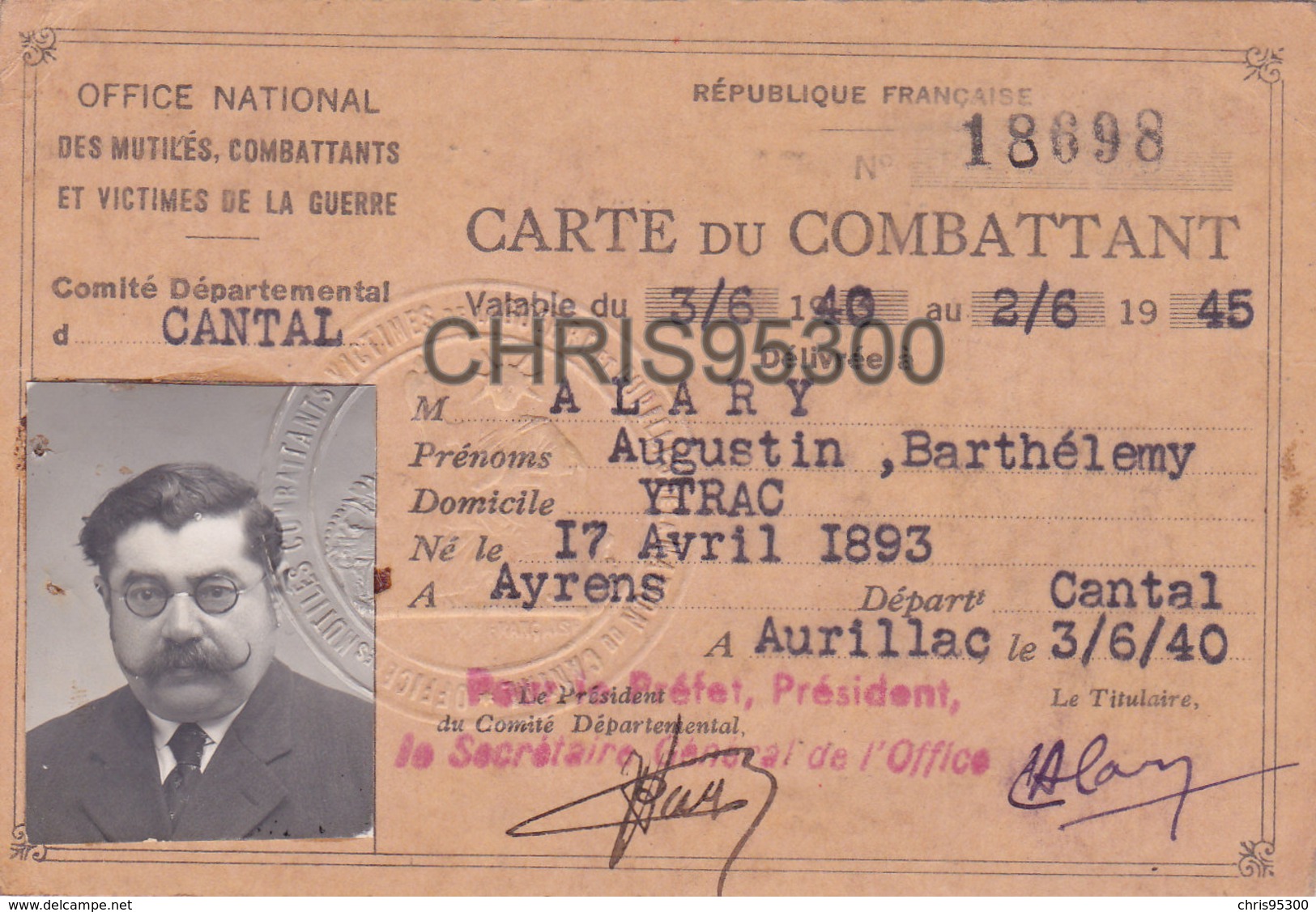 CARTE DU COMBATTANT - YTRAC 15 CANTAL - AURILLAC - GUERRE 39 - 45 - WW2 - Collections