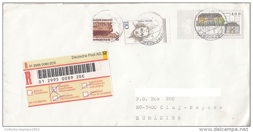 4372FM- HAMBACHER CASTLE, MARLENE DIETRICH, UNESCO HERITAGES, STAMPS ON REGISTERED COVER, 1997, GERMANY - Storia Postale