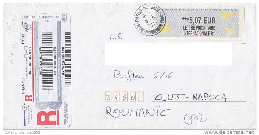 4401FM-AMOUNT 5.07, MACHINE OVERPRINT STAMPS ON REGISTERED COVER, 2011, FRANCE - Covers & Documents
