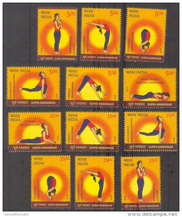 India 2016 MNH 12v, Surya Namaskar, Health, Intl Day Of Yoga - Medicine