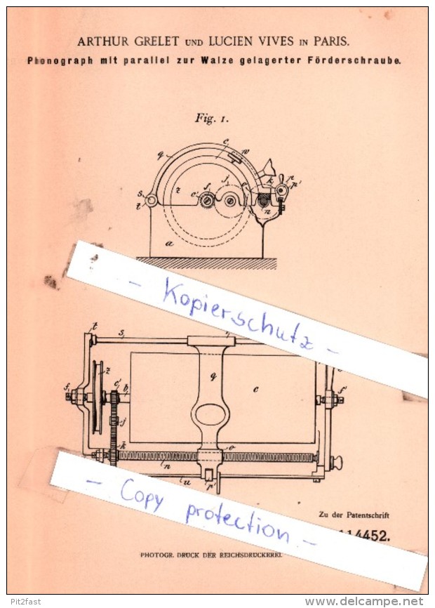 Original Patent  - Arthur Grelet Und Lucien Vives In Paris  , 1899 , Phonograph !!! - Historische Documenten